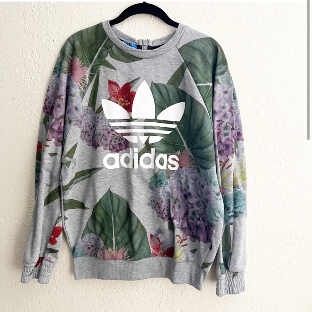 Adidas Originals Gray Floral Large logo Back Zip Crewneck Sweater